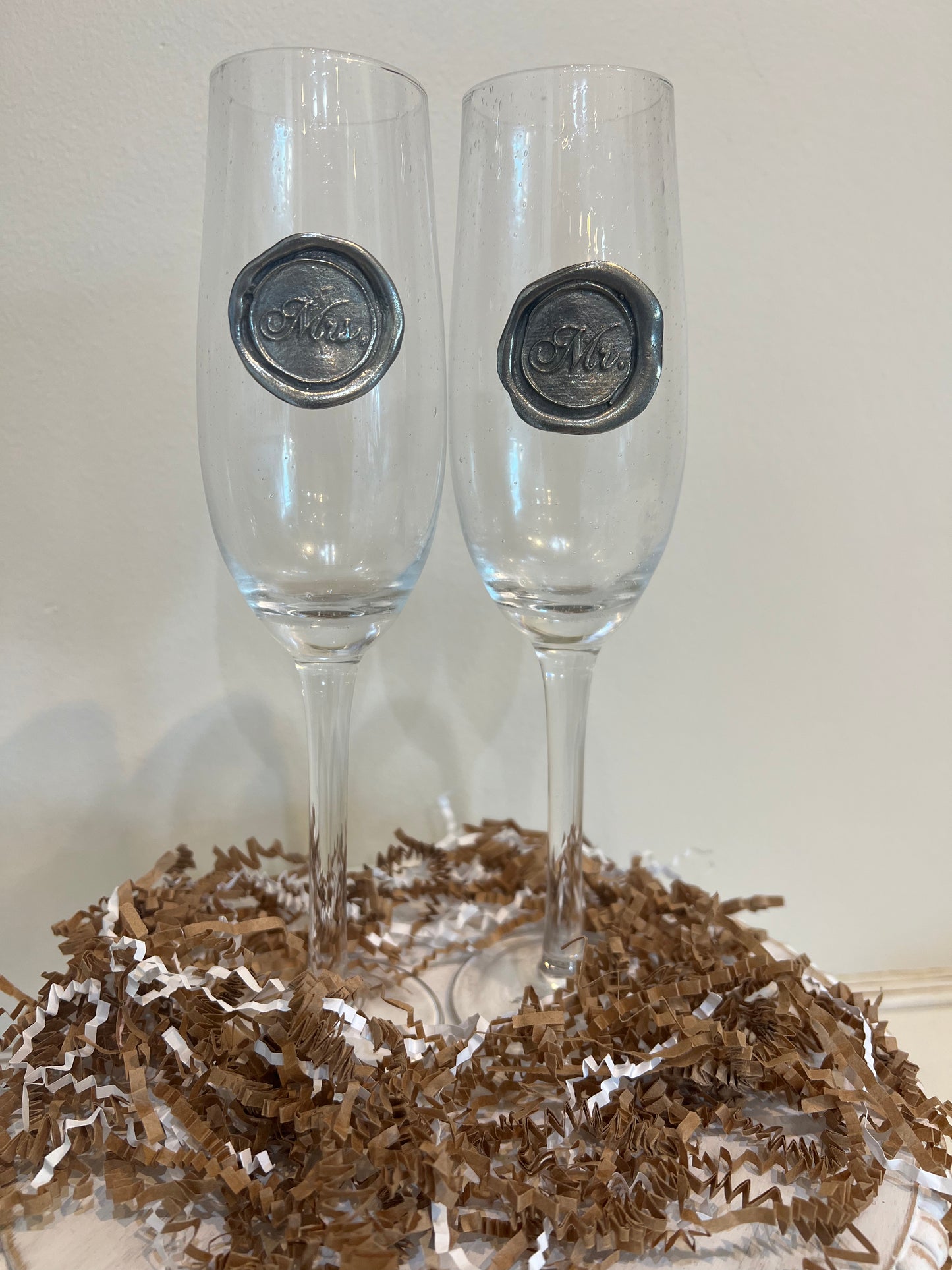 Hand blown drinking glass with custom pewter "Mr." & Mrs." stamps.