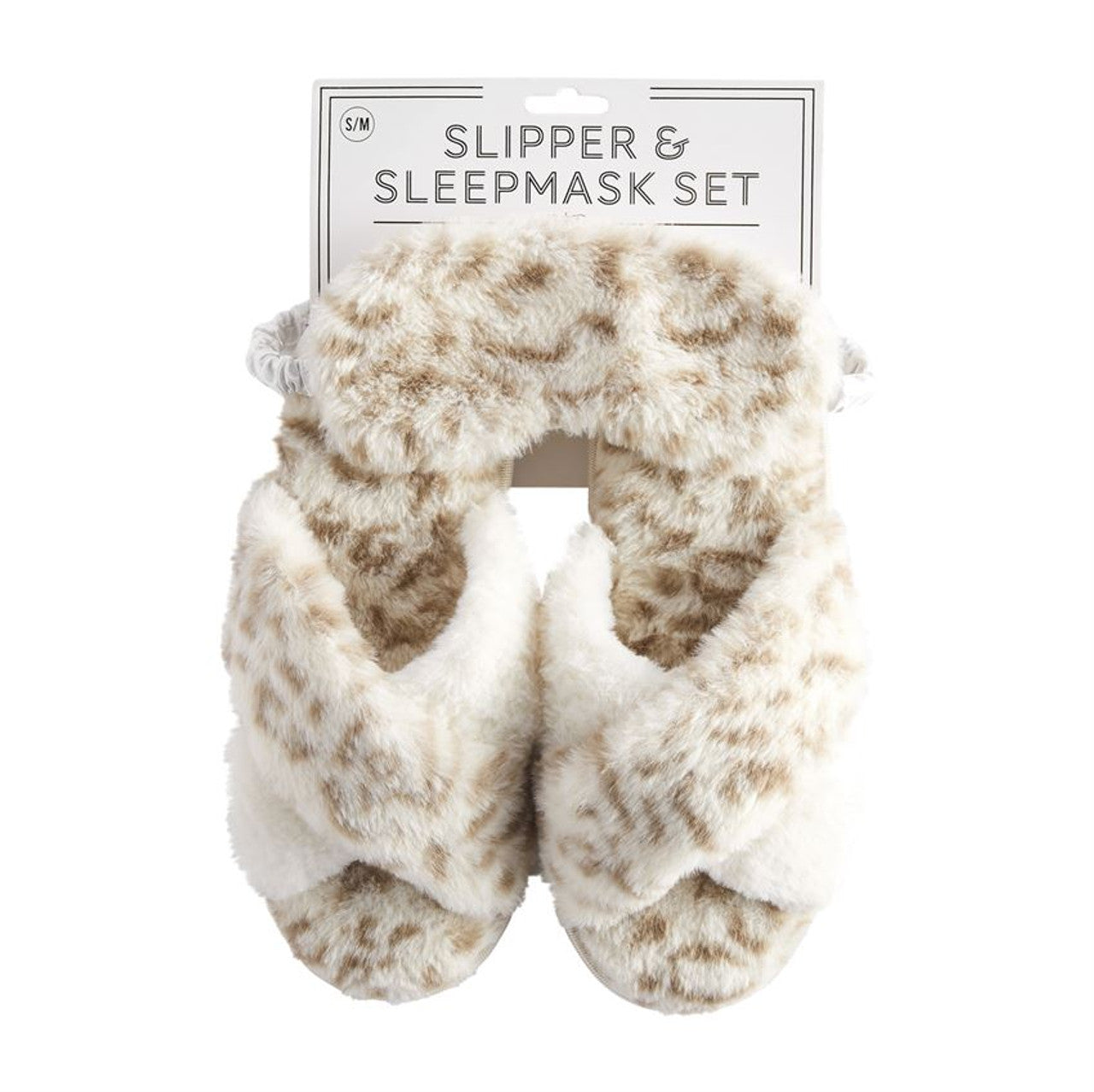 Cream leopard slipper and sleep mask set.
