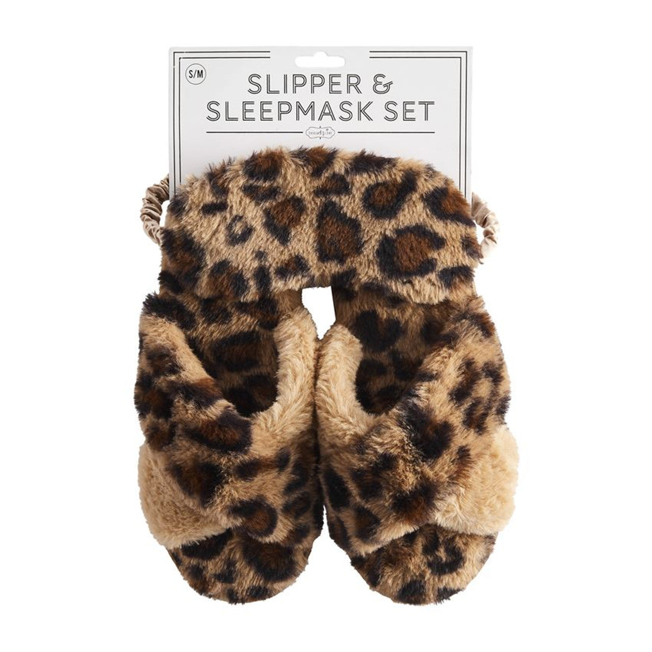 Tan leopard slipper and sleep mask set.