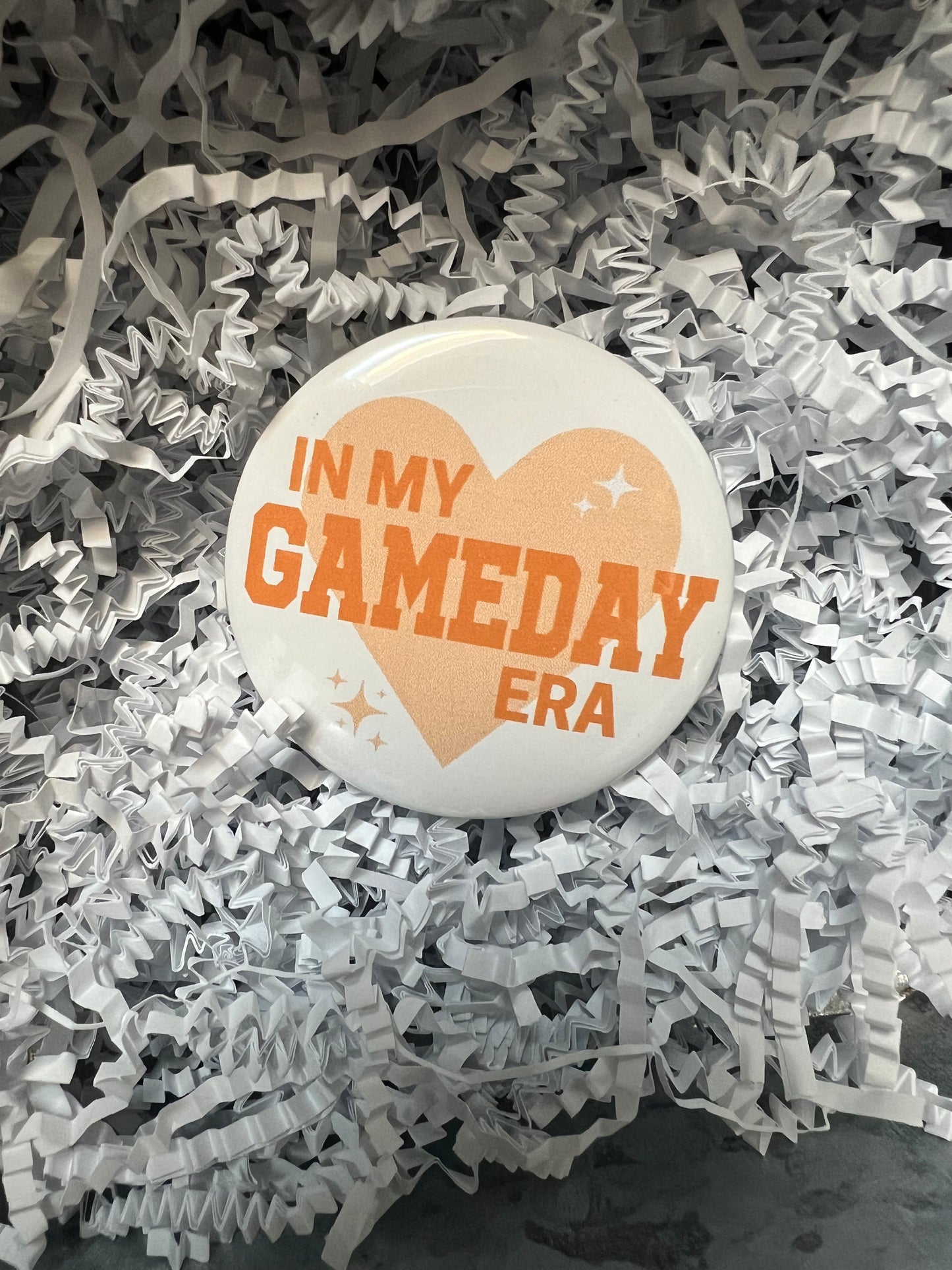 "In my game day era" Clemson Tigers button with orange heart and lettering.
