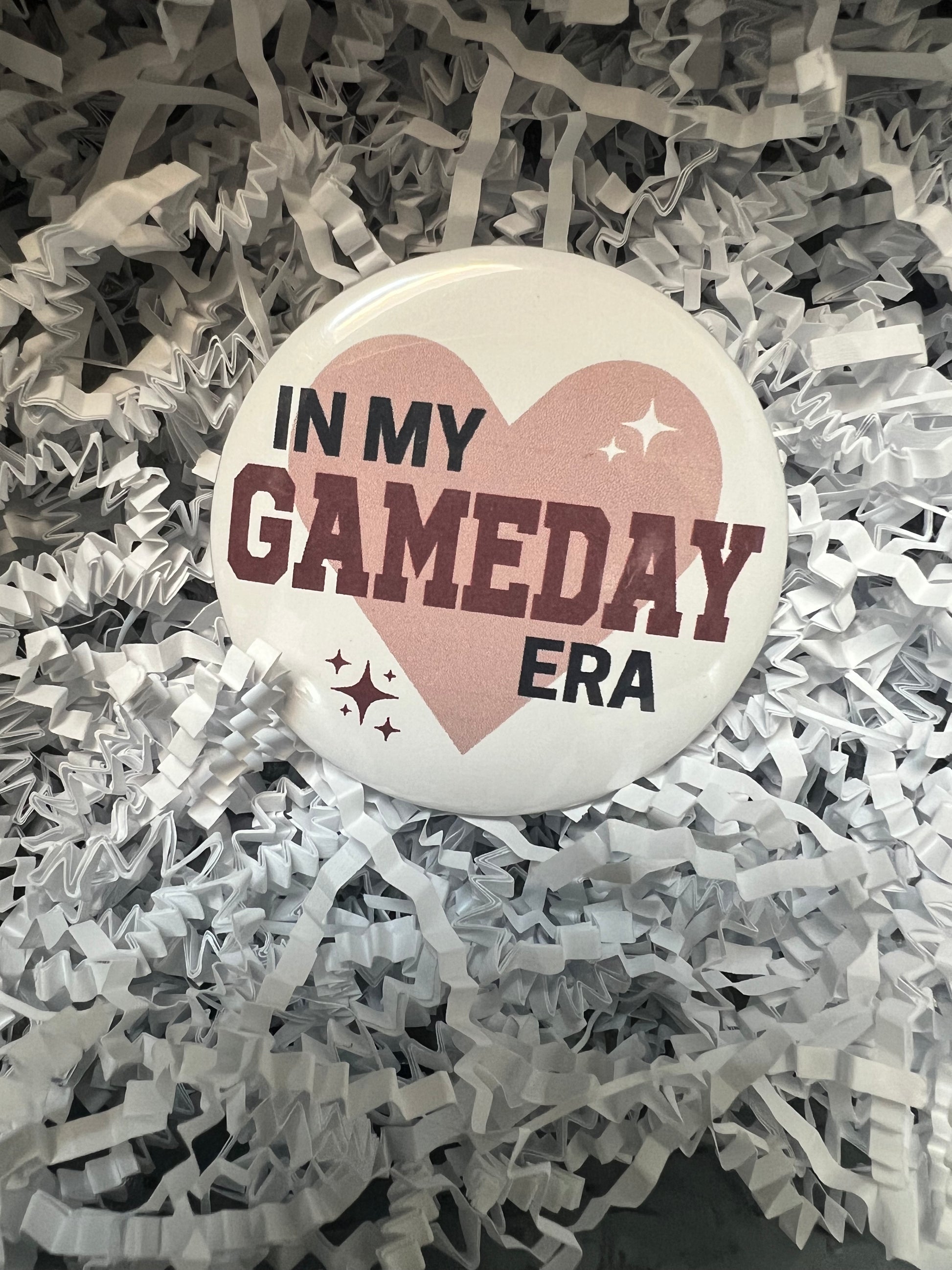 GAMECOCKS Button featuring a heart and displaying "In my gameday era" in garnet lettering.