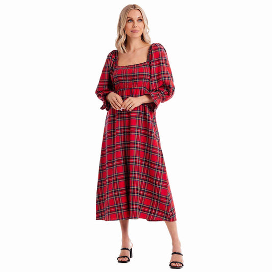 Model featuring red plaid midi dress.