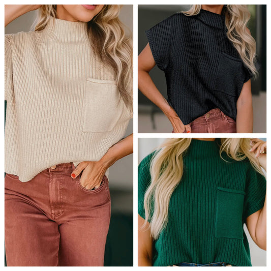 Models featuring assorted mock neck sleeveless knot sweaters.