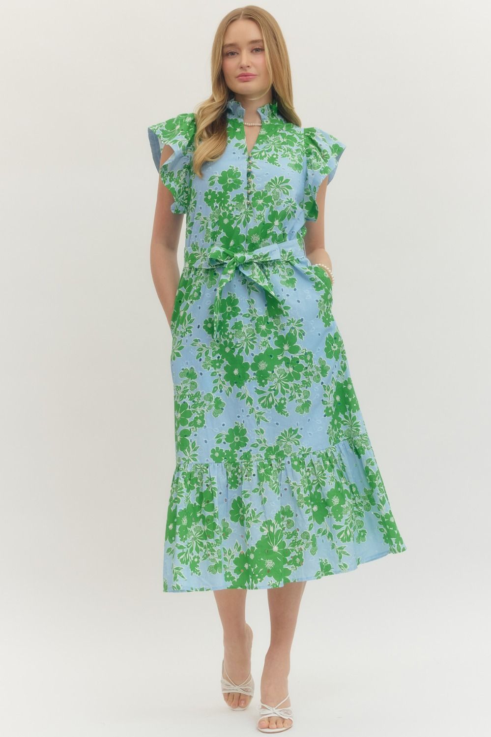Floral print flutter sleeve midi dress with Belt