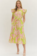 Floral print flutter sleeve midi dress with Belt