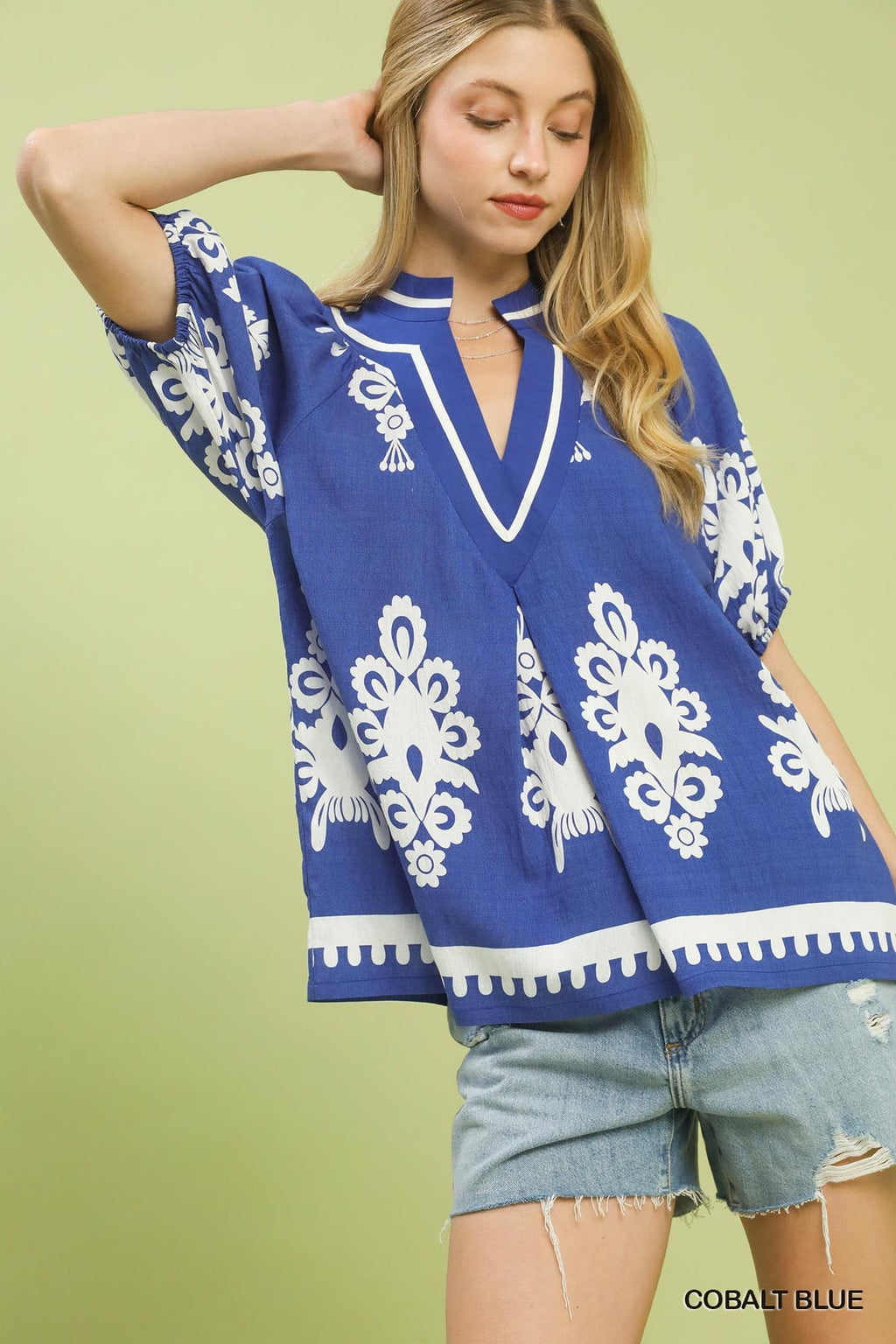 Boho Print Split-Neck Short Sleeve Top