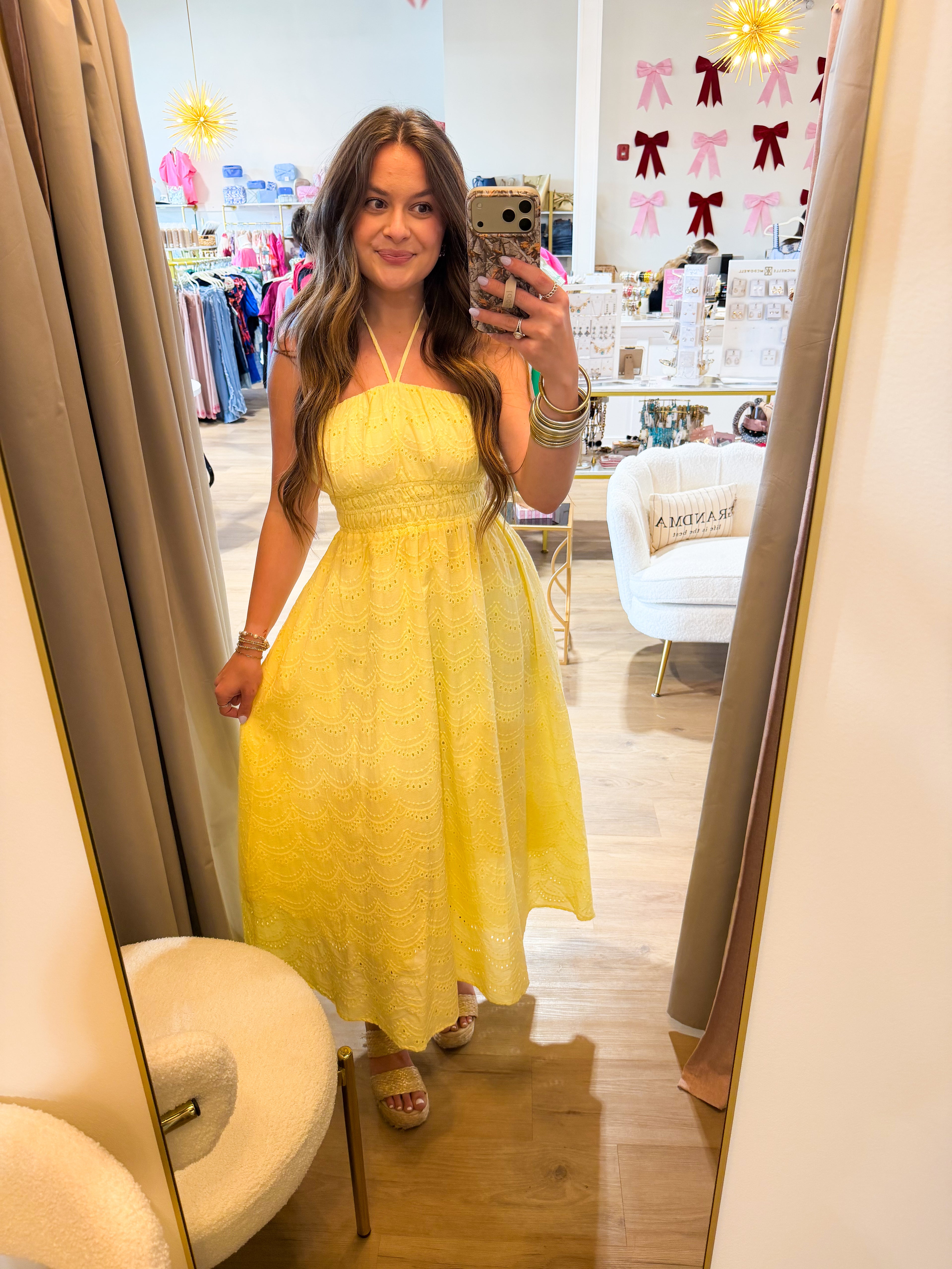 Eyelet Solid halter midi dress