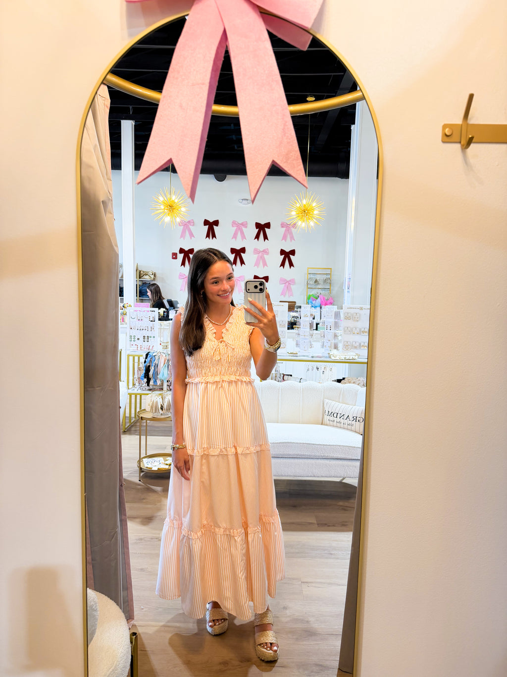 Instantly Uplifting Mixed Stripe Smocked
Midi Dress