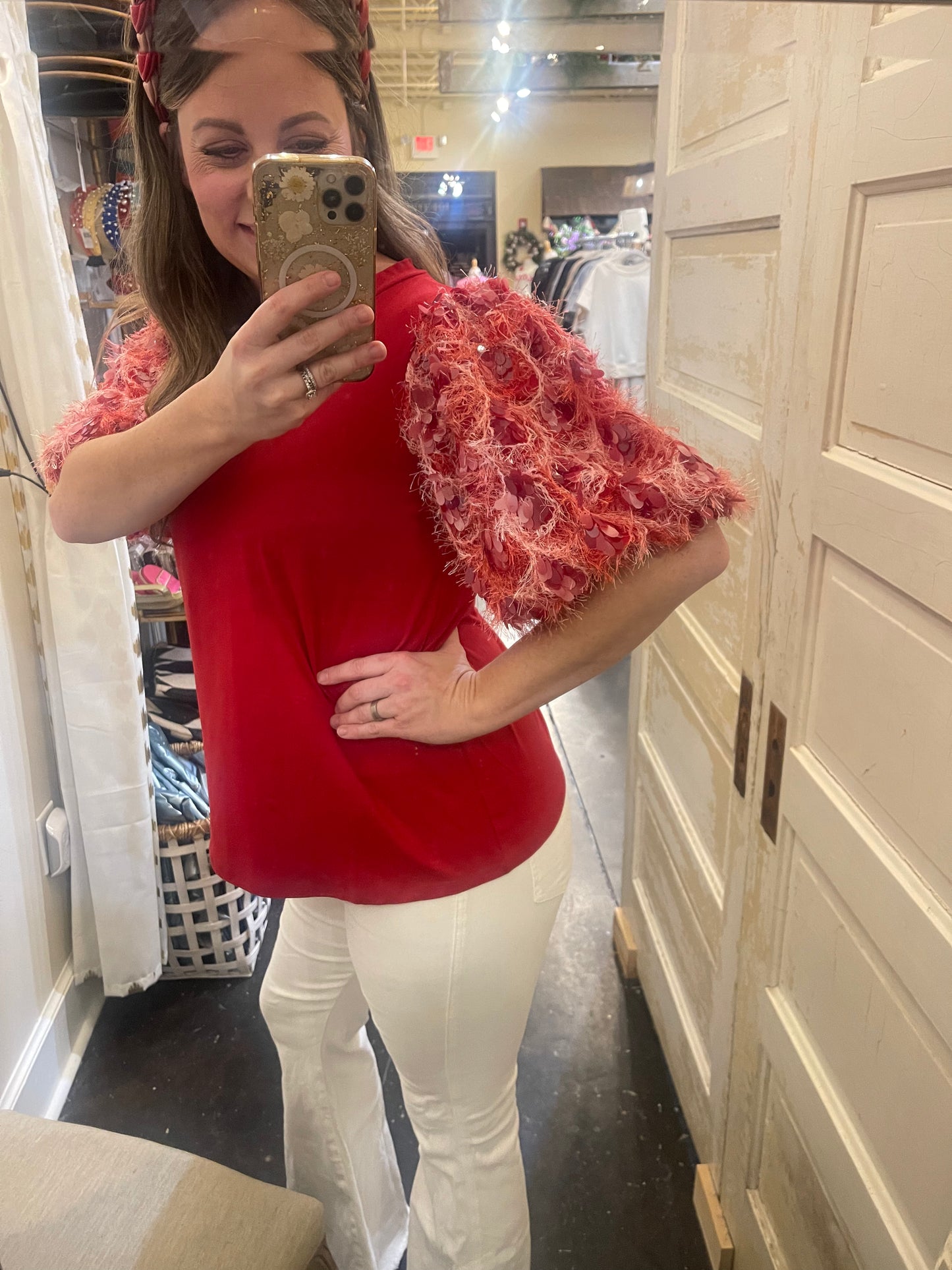 Soft Round Neck w/ Fringed Sequin Sleeve