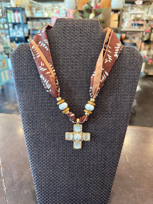 Jeweled Cross Pendant Scarf Necklace