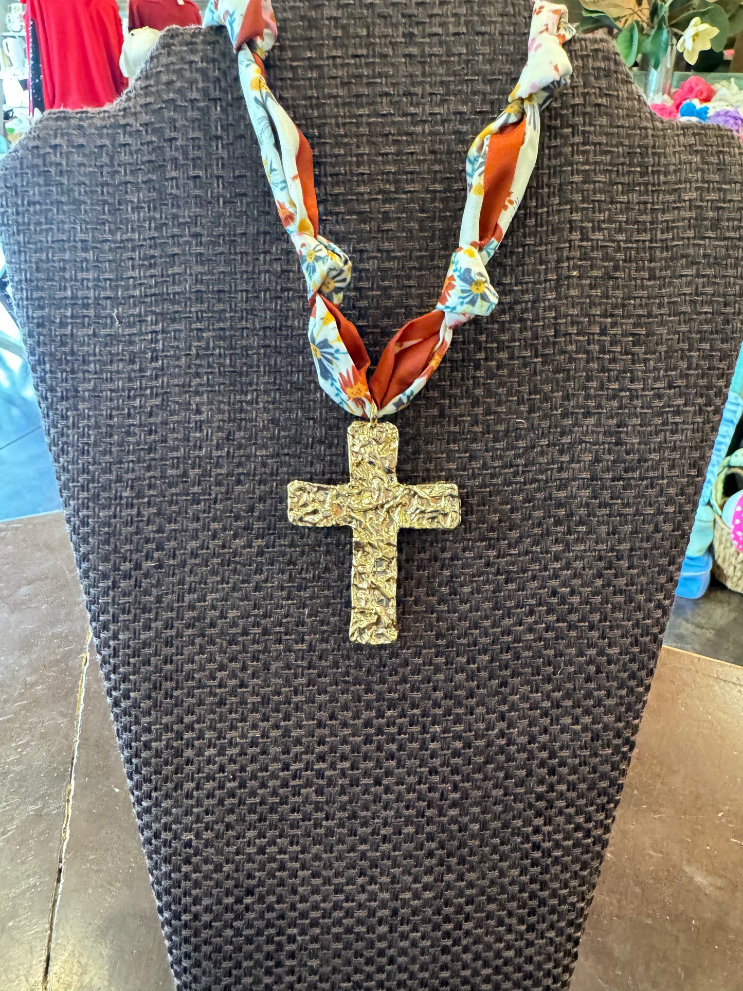 Textured Cross Pendant Scarf Necklace