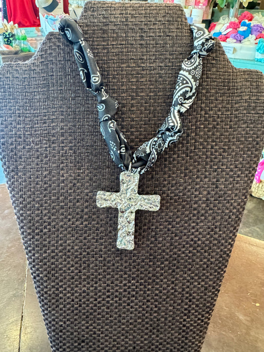 Textured Cross Pendant Scarf Necklace