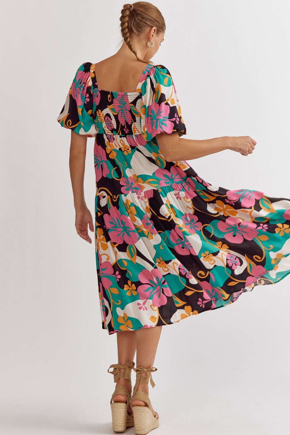 Floral Pattern Puff Sleeve Dress