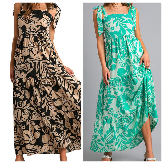 Two Toned Floral Tiered Maxi Dress w/RicRac Trim