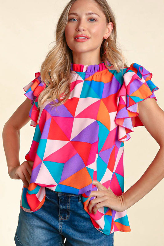 Bold Geometric Frilled Neck Top
