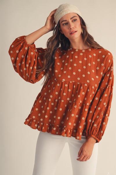 Whimsical Polkadot Ruffle Puff Blouse