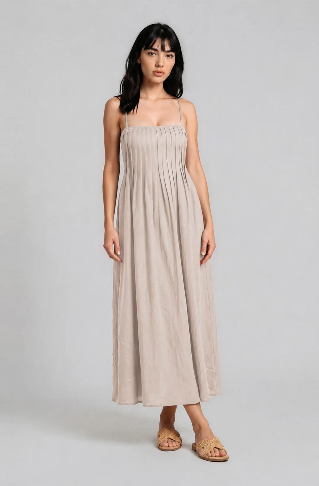 PINTUCK DETAIL SPAGHETTI STRAP MIDI SUNDRESS