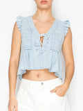 Ruffle Sleeve Tied Pintuck Denim Top