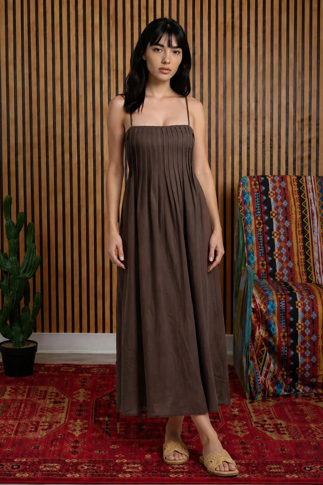 PINTUCK DETAIL SPAGHETTI STRAP MIDI SUNDRESS