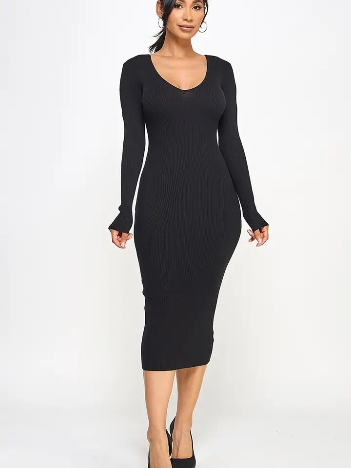 V-Neck Knitted Midi Dress