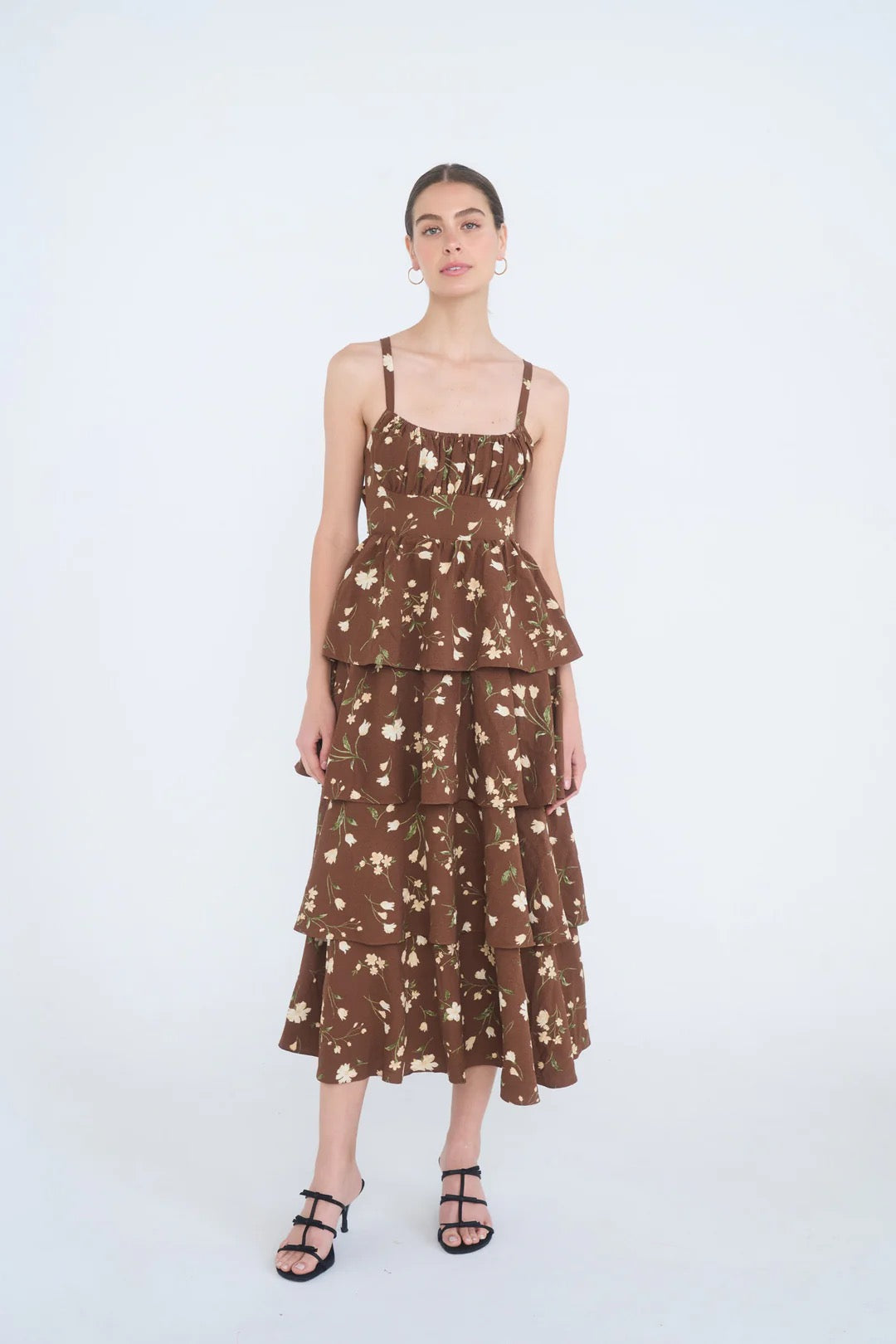 FLORAL RUFFLE TIERED BACK TIE SPAGHETTI MIDI DRESS