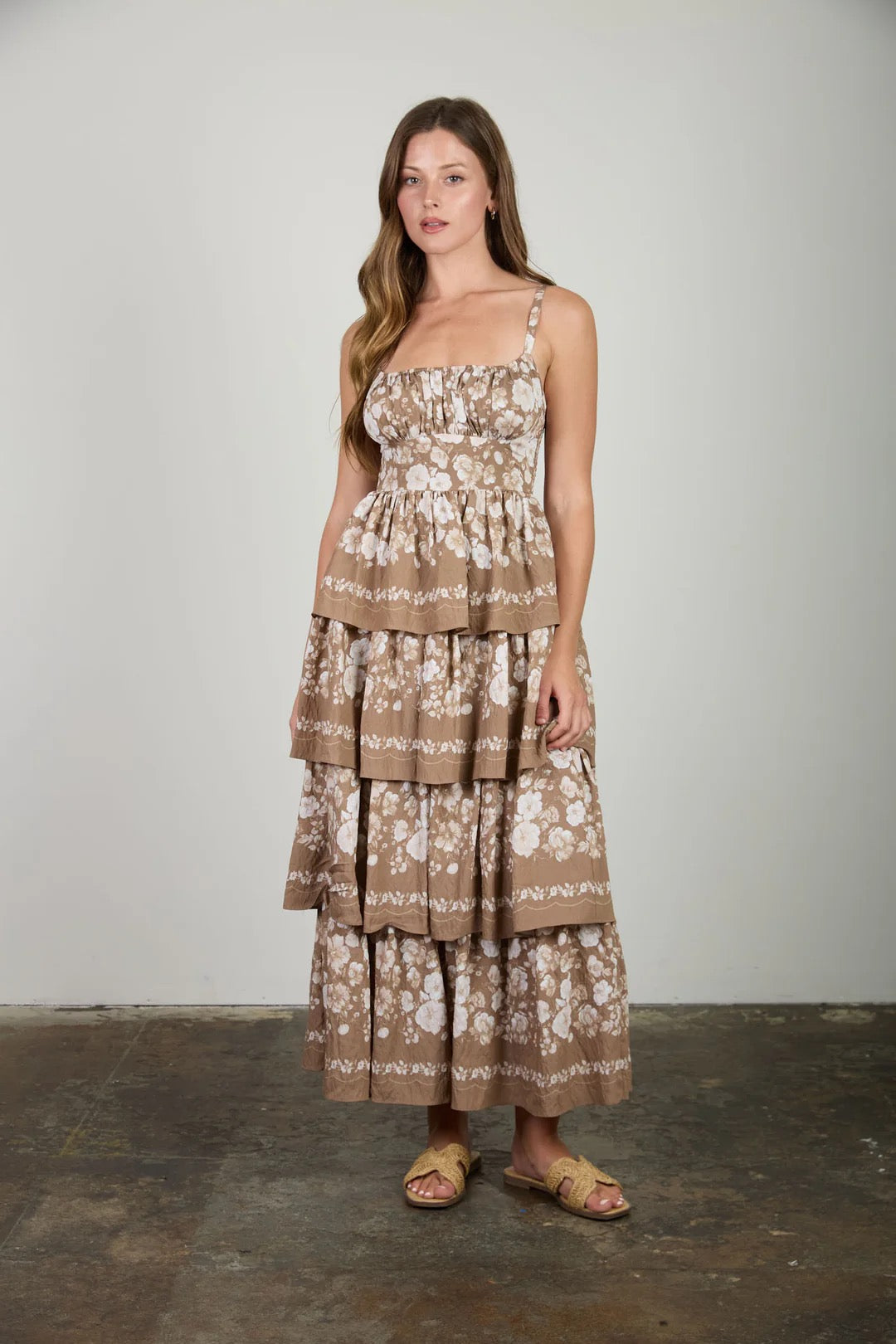 FLORAL BORDER PRINT RUFFLE TIERED MIDI DRESS