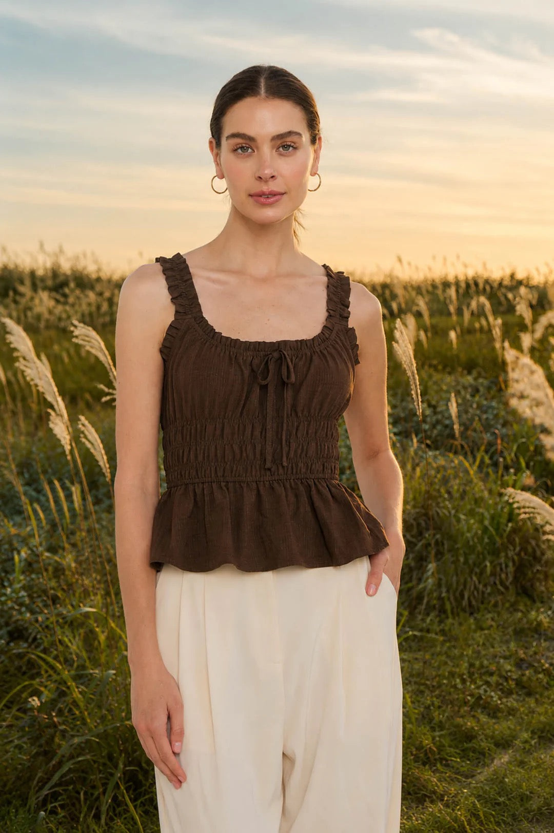 RUFFLED FRONT TIE SHIRRED WAIST TANK TOP
