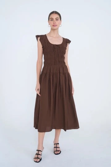 SHIRRED BODICE RUFFLE SLEEVE MIDI DRESS