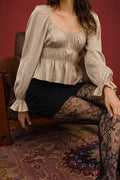 SCOOP NECK SHIRRED WAIST LONG SLEEVE PEPLUM TOP