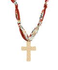 Gold Hammered Cross Pendant Scarf Necklace