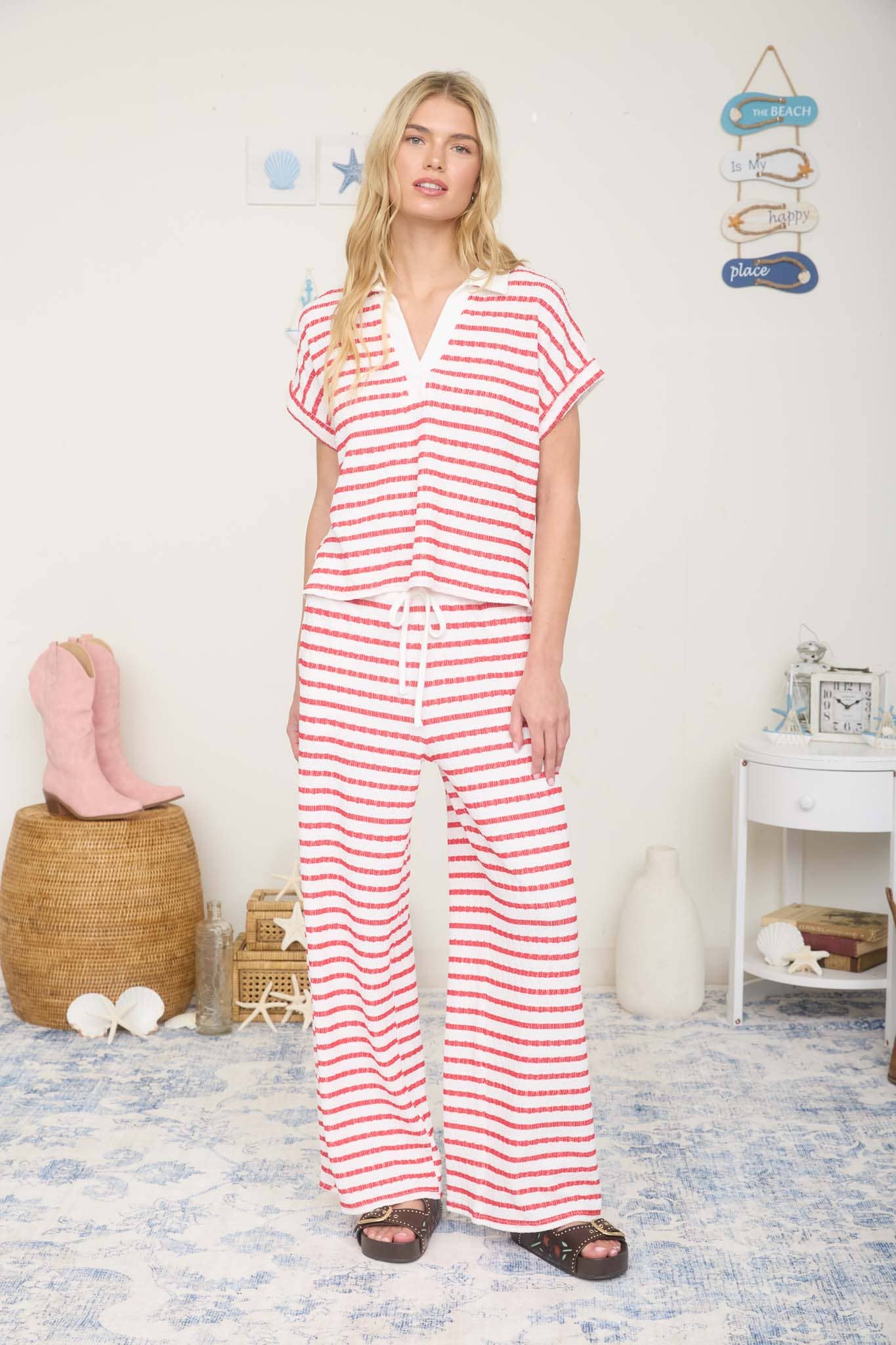 TEXTURED STRIPE DRAWSTRING WIDE LEG LOUNGE PANTS
