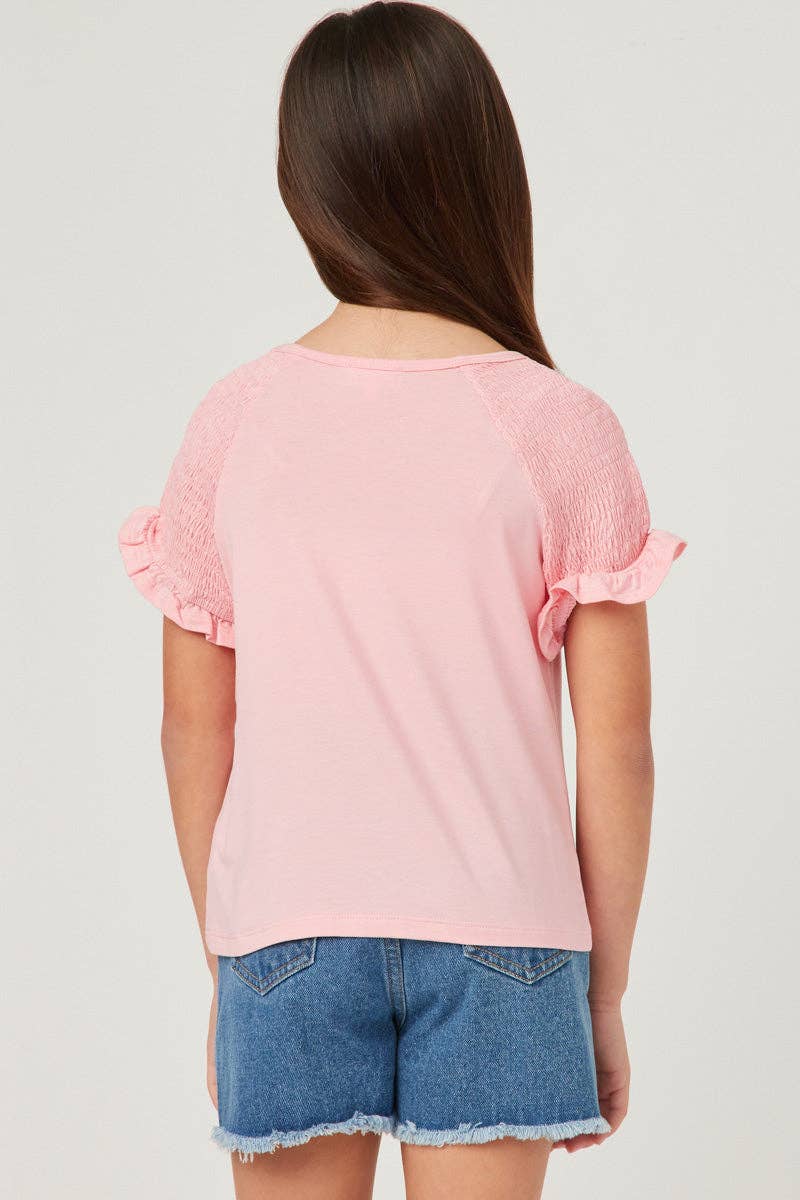 Girls Smocked Shoulder Ruffle Sleeve Top