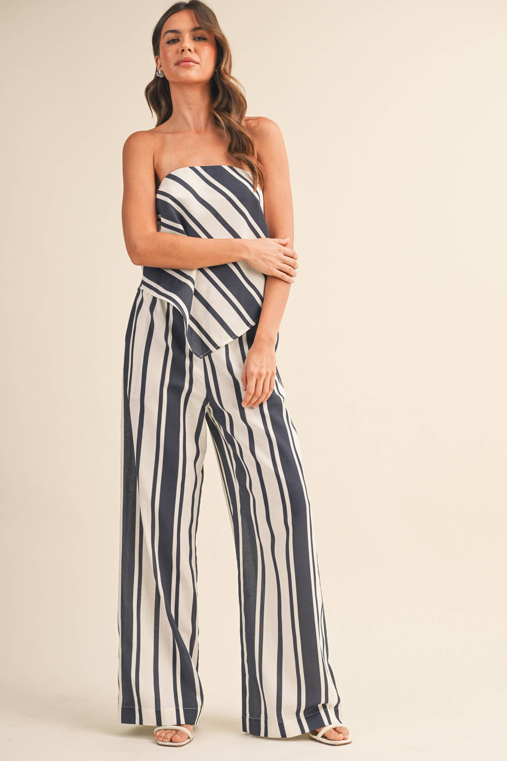 Klesis - IST6376 STRIPED LINEN TUBE TOP AND WIDE LEG PANTS SET