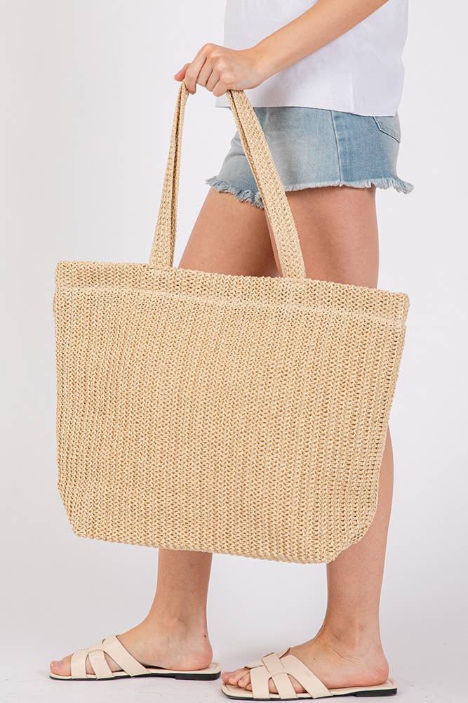 Solid Color Crochet Summer Straw Tote Bag