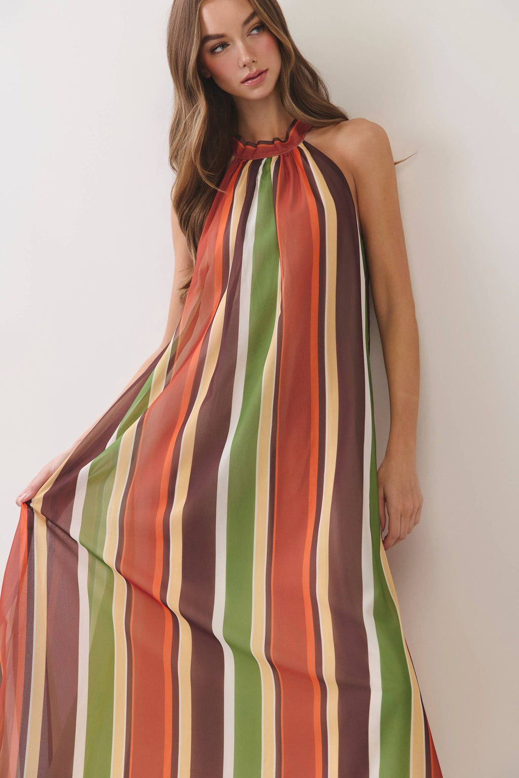 TCEC - CD07529-Multi Stripe Halter Maxi Dress