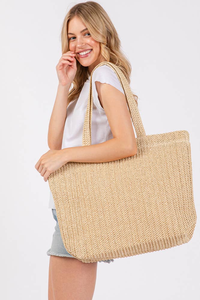 Solid Color Crochet Summer Straw Tote Bag