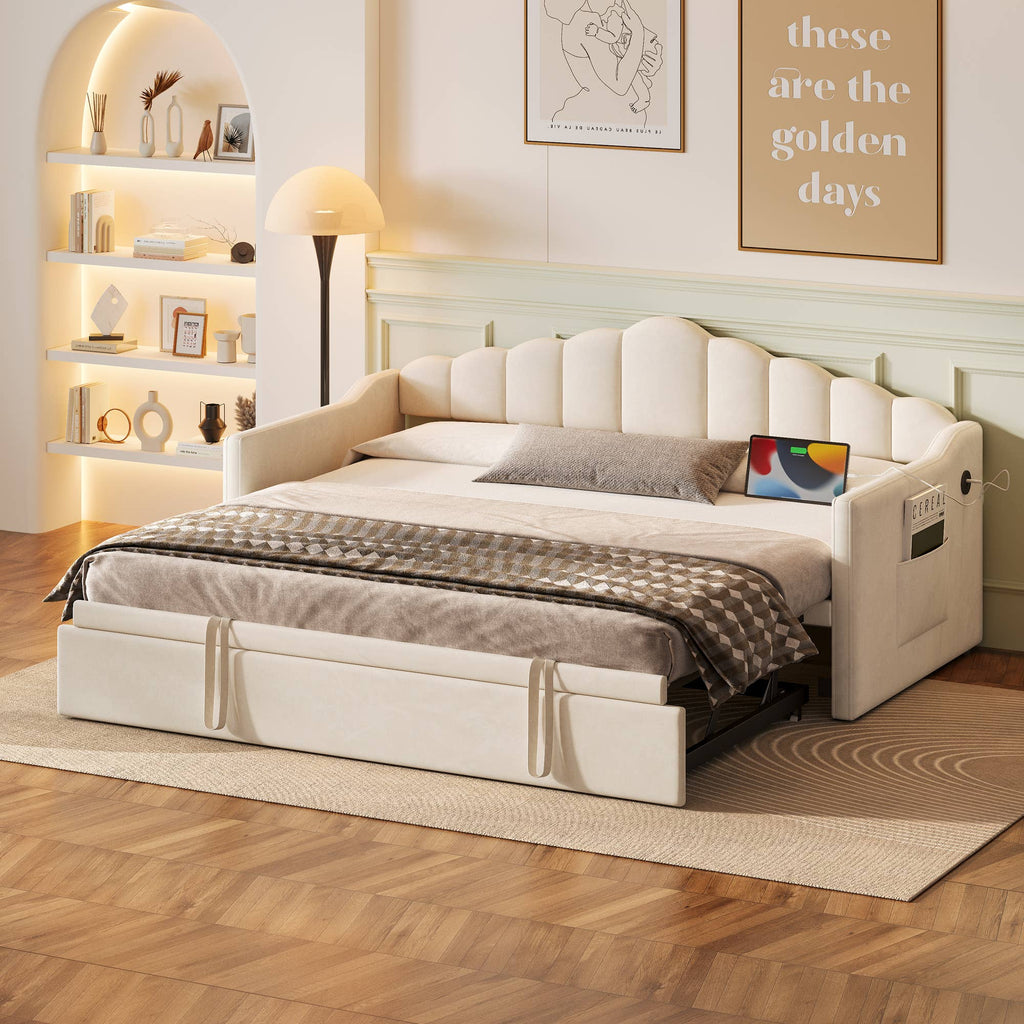 39F Inc. - Velvet Daybed with Pop Up Trundle USB Twin Beige/Pink