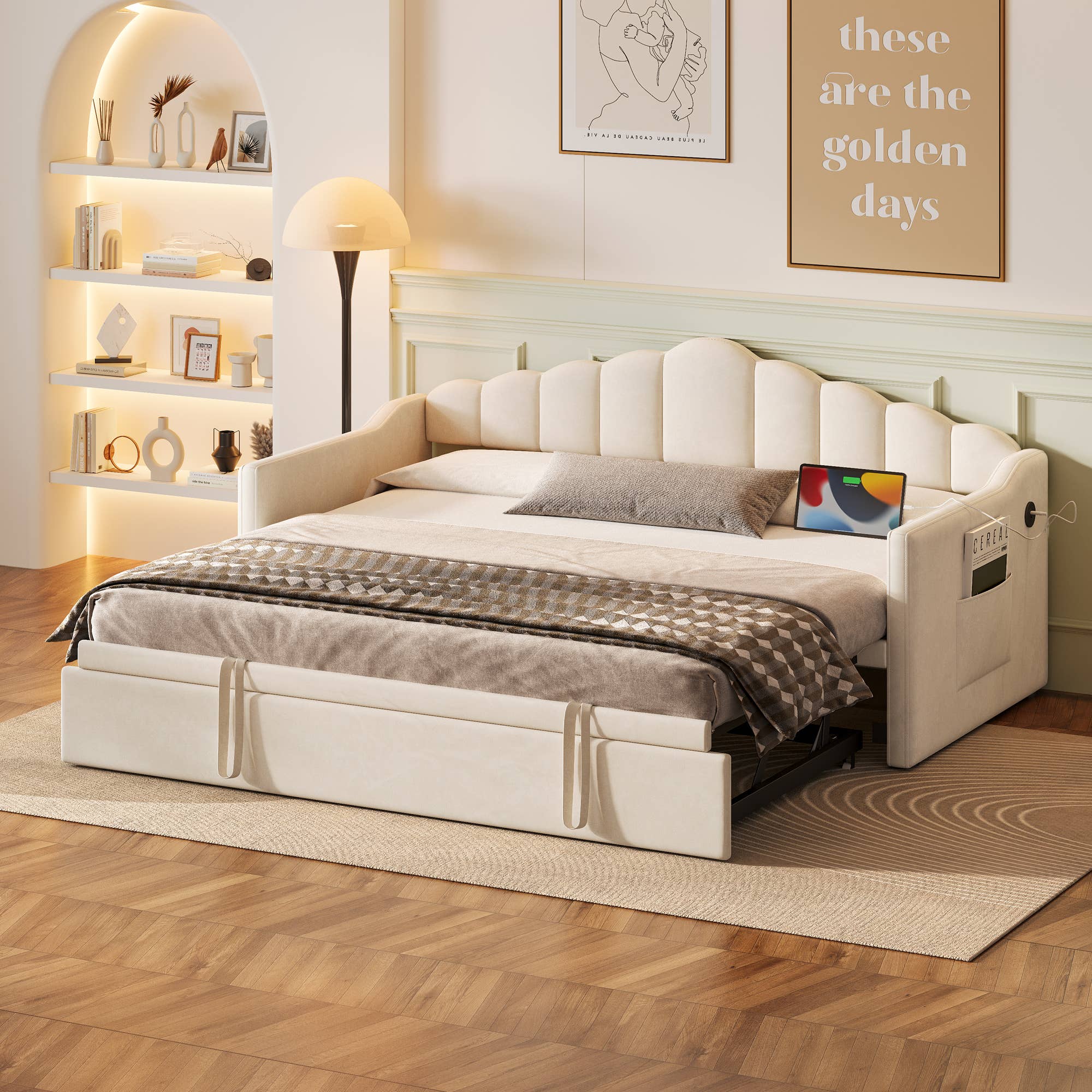 39F Inc. - Velvet Daybed with Pop Up Trundle USB Twin Beige/Pink