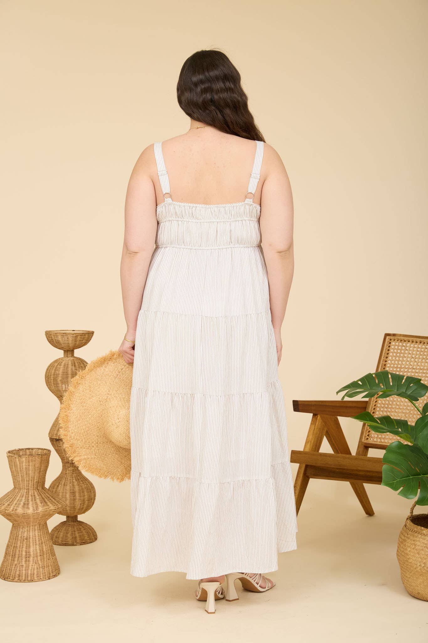 PLUS STRIPE SHIRRED MIDI DRESS