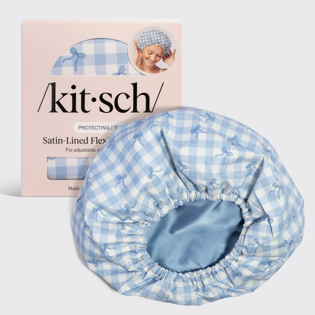 KITSCH - Satin Lined Flexi Shower Cap - Gingham Blue