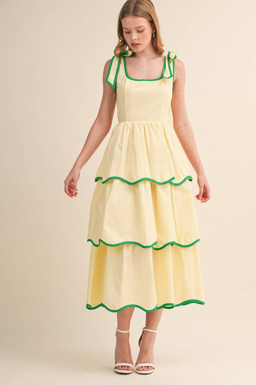 CONTRAST BINDING TIERED MIDI DRESS