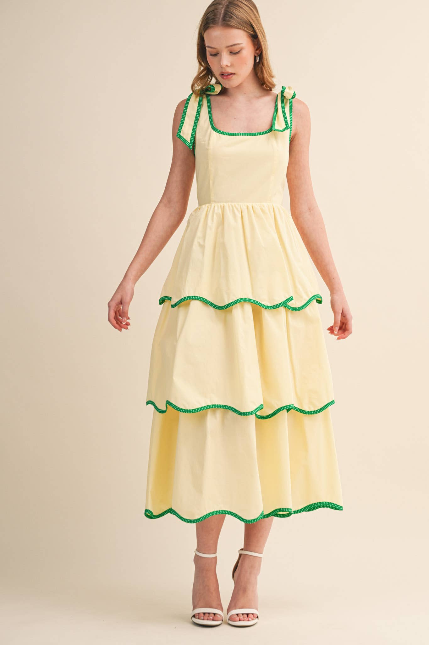 CONTRAST BINDING TIERED MIDI DRESS
