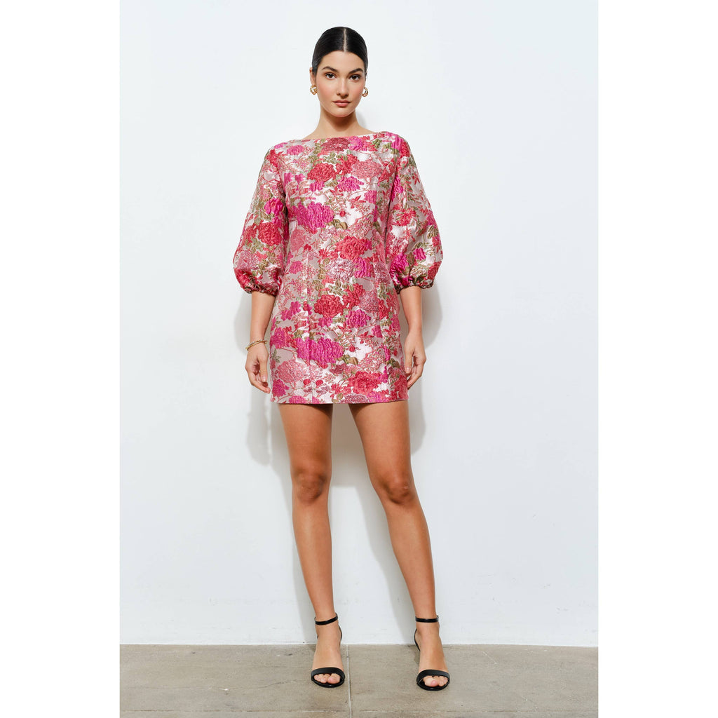 Luxe Metallic Floral Jacquard Puff 1/2 Mini Dress