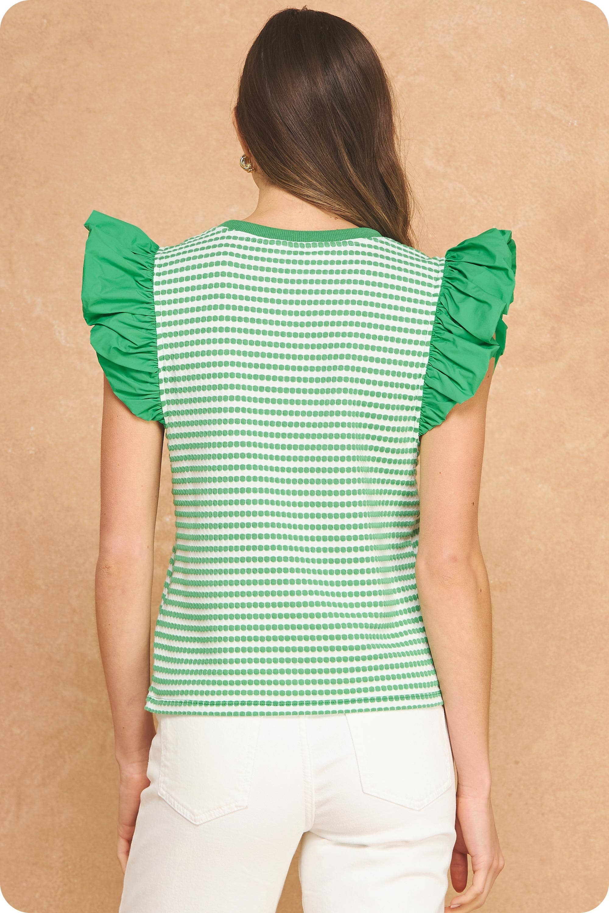 Strut & Bolt - Textured Stripe Bubble Ruffle Sleeve Knit Tee Top