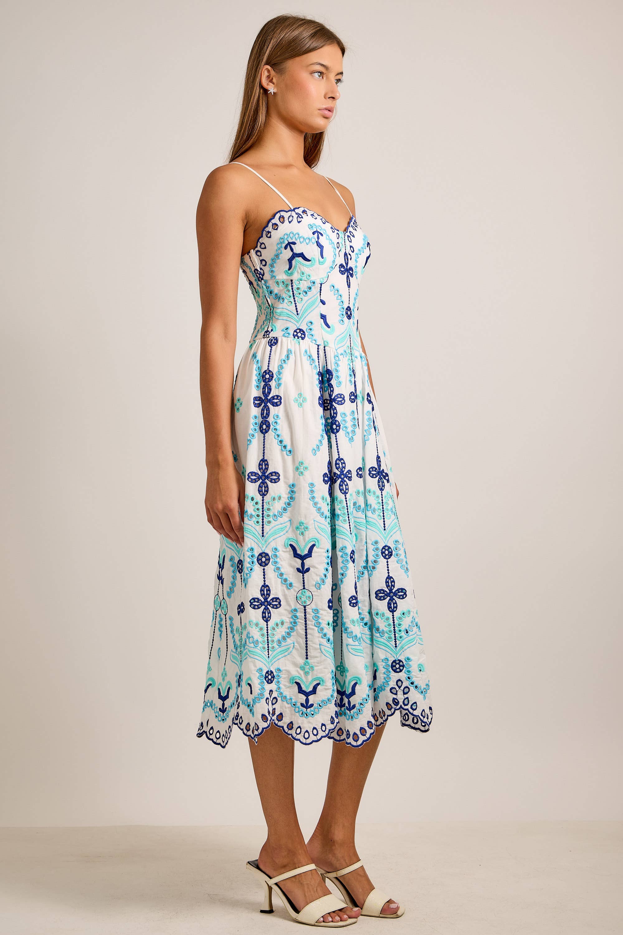 Embroidered Fit-and-Flare Midi Dress