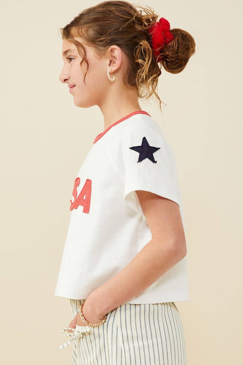 Girls USA And Star Patch Ringer Knit T Shirt