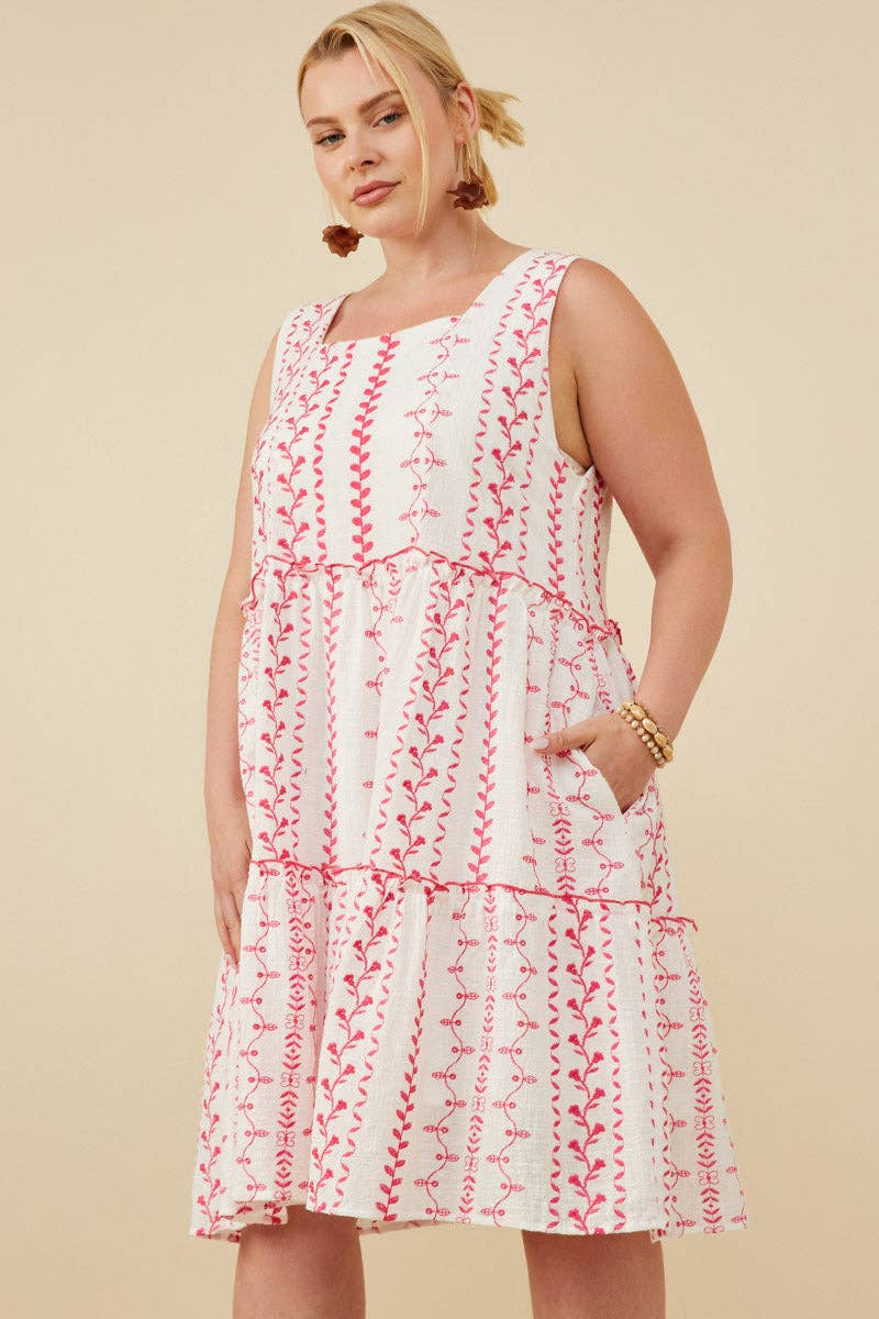 Womens Botanical Embroidered Ruffle Tiered Tank Dress