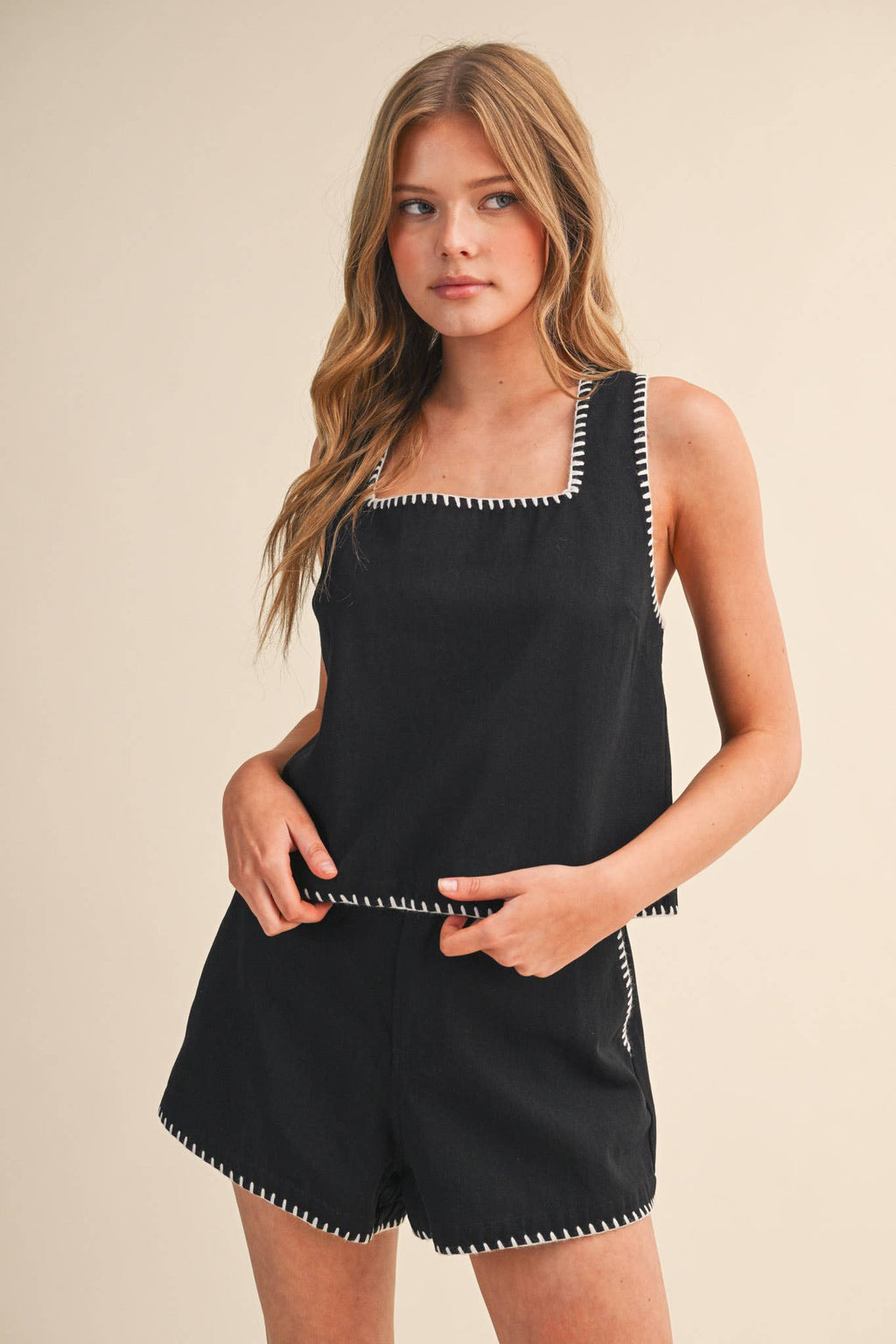 WHIPSTITCH DENIM CROP TOP AND SHORTS SET MPST4627