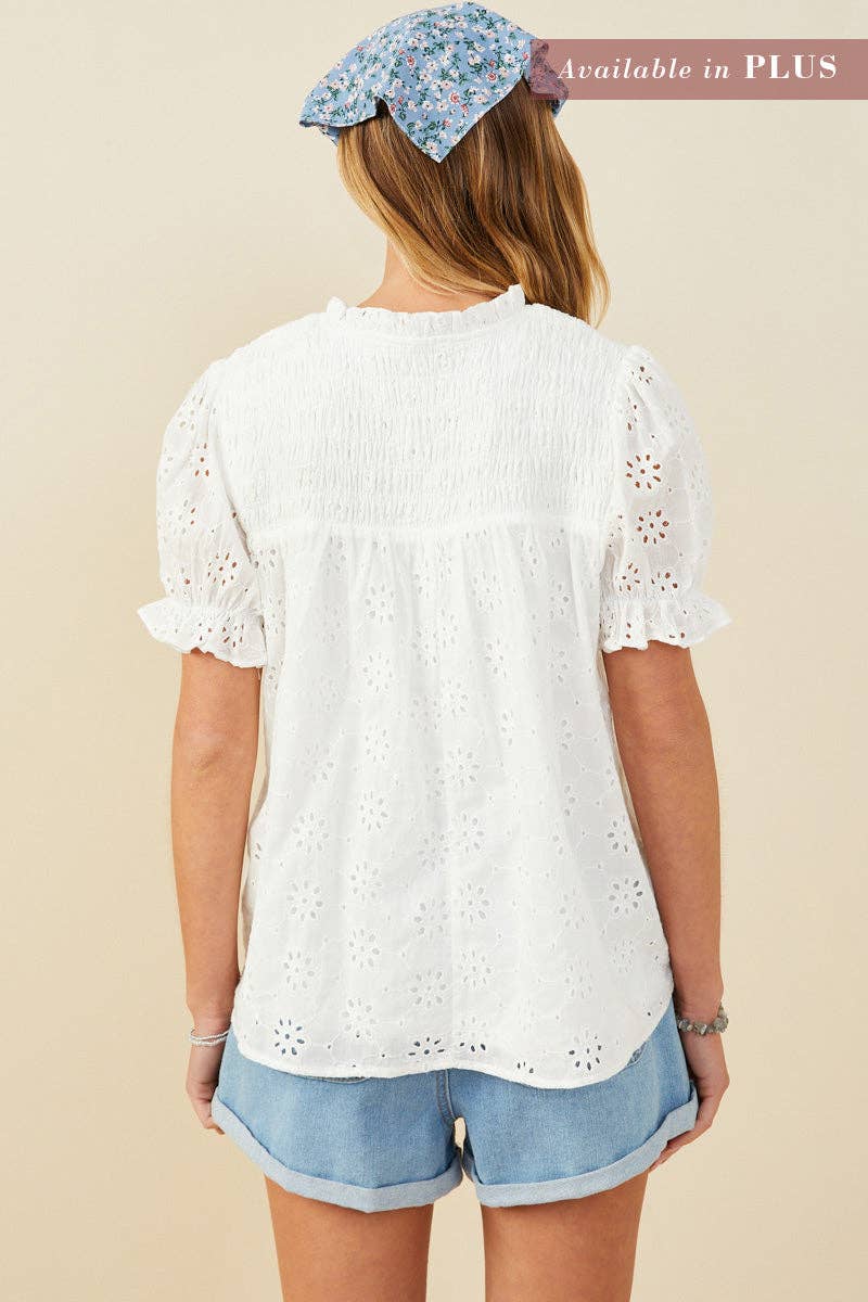 Hayden LA - Womens Floral Eyelet Smocked Button Detail Top
