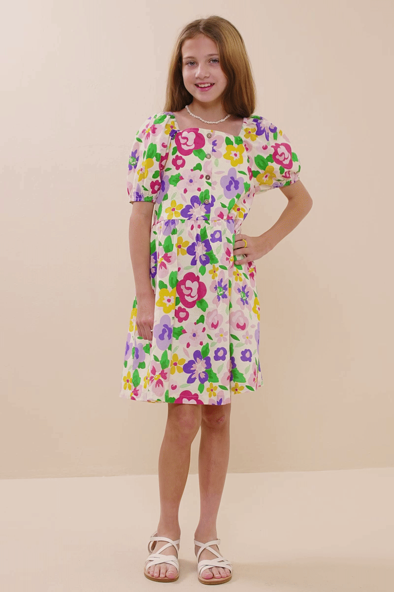 Girls Floral Print Buttoned Square Neck Dress